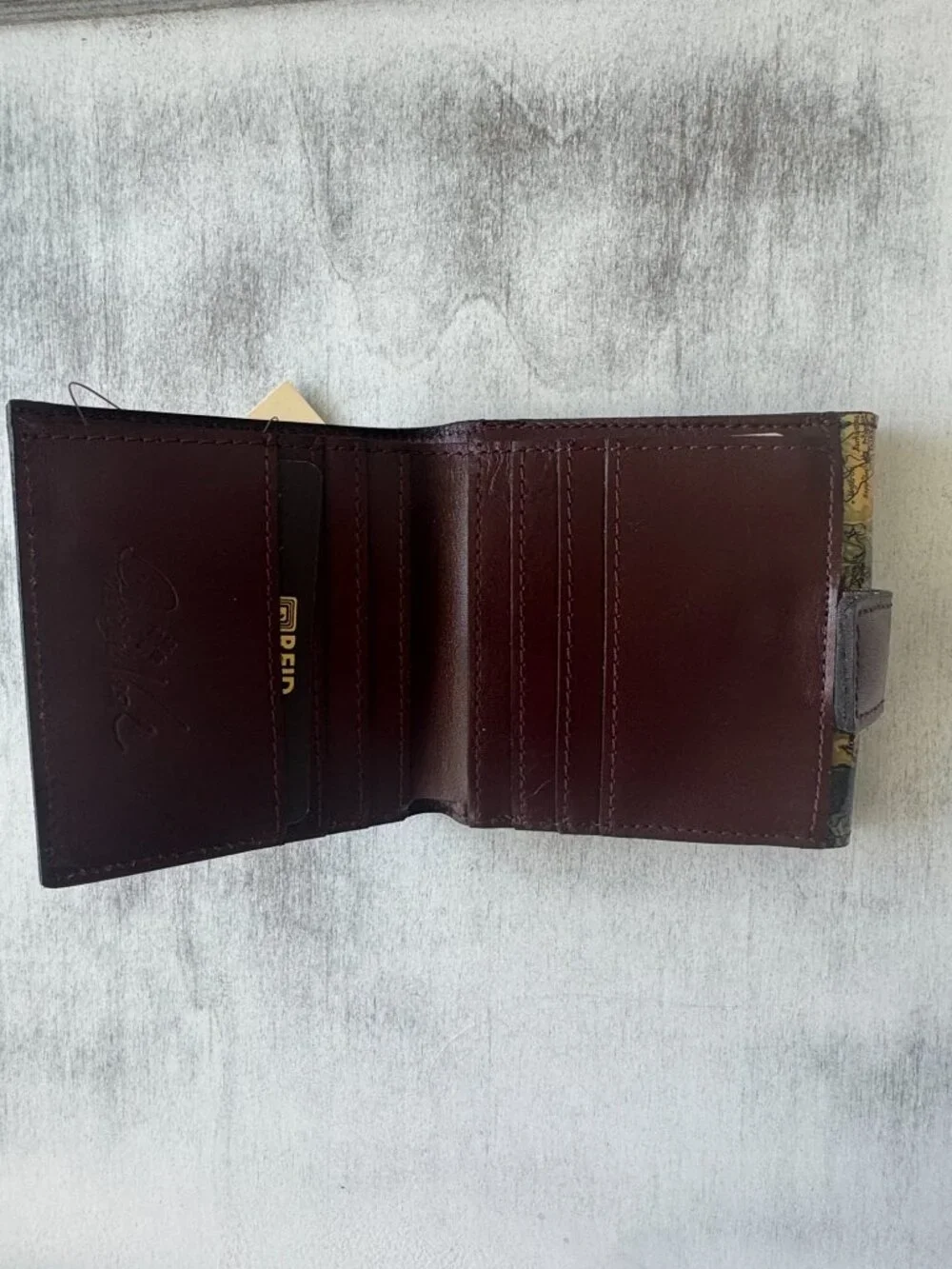 Patricia Nash Astra Greek Map Folding Artistic Leather RFID Wallet Blue Tan